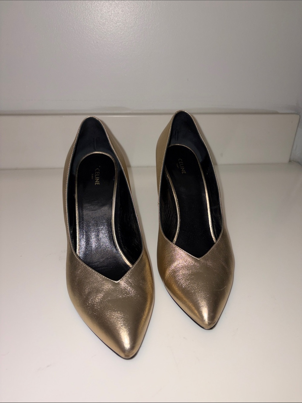 Celine Metallic Gold Pointed-Toe Pumps